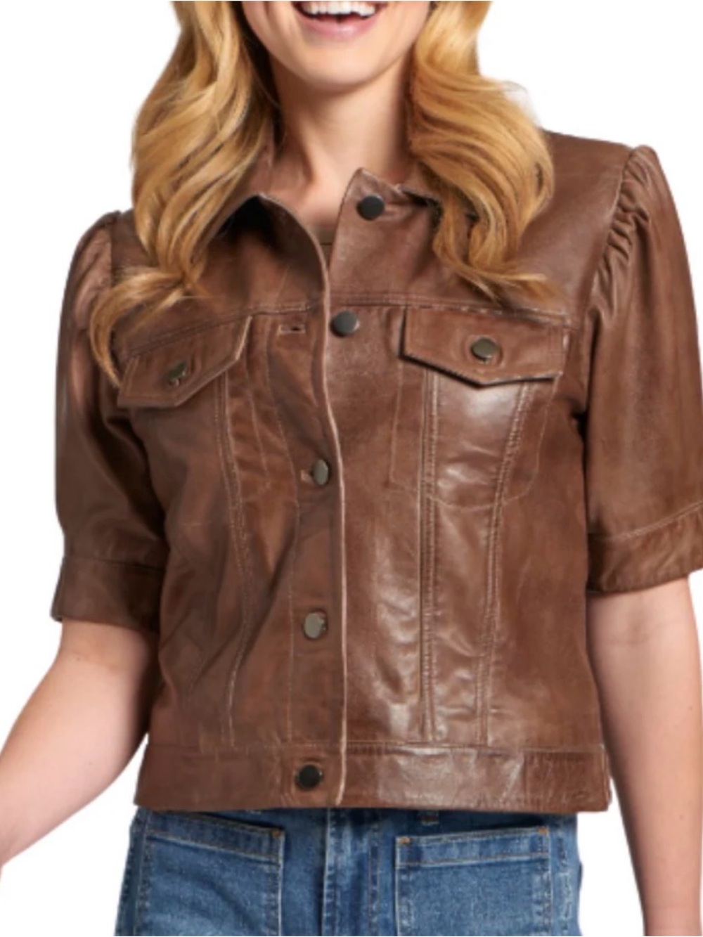 Nwot 11 Uptown Crop short sleeve Leather Jacket Brown size M